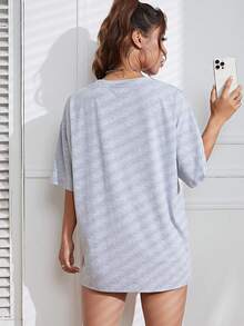 SHEIN EZwear Slogan & Butterfly Print Drop Shoulder T-Shirt - Grey - View 7