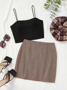 SHEIN Frenchy Solid Color Camisole Top And Plaid Skirt Two Piece Set - Black - View 1