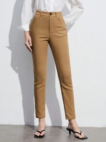 BizChic 卡其棕色高腰侧袋女裤，百搭款式，适合春夏穿着，可作西装裤、休闲裤、正装裤、通勤裤、日常裤、浪漫90年代复古风、派对裤、沙滩裤、毕业典礼裤、度假裤、婚礼宾客裤、伴娘裤、女主人裤等。 - 卡其色 - 查看 5