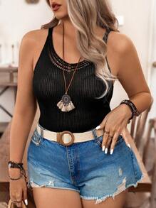 Calvaya Plus Size Solid Color Mesh Knitted Tank Top - Black - View 5