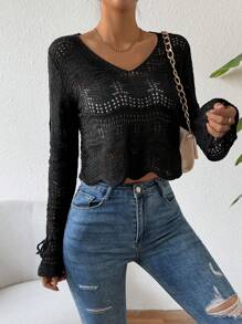 SHEIN LUNE Women's V-Neck Bell Sleeve Hollow Out Knit Sweater Knit Pullover Fall Winter Outfit - Black - View 6