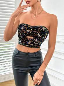 SHEIN Privé 露肩空心打底衫,鑲有閃爍細節 - 藍色 - 查看 3