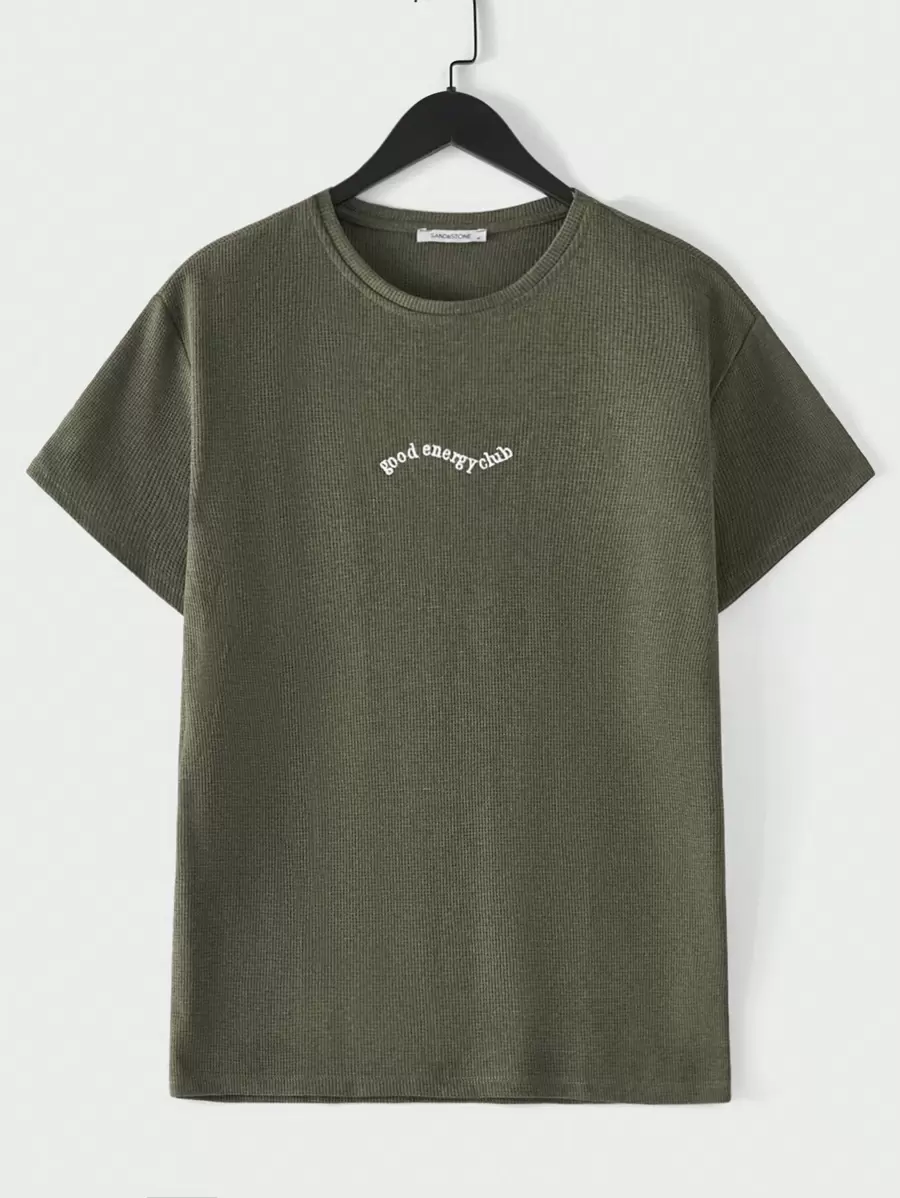 RueChic Men'S Letter Embroidered T-Shirt - Army Green - View 1