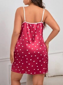 Plus Size Sleep Cami Dress With Heart Print And Draped-Neck - Red - View 2