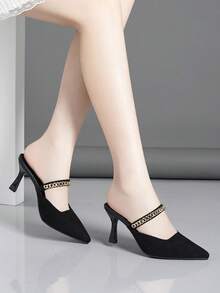 Women's Pointed Toe Stiletto Heels With Hollow Out Design And Metallic Decoration - Black - View 3