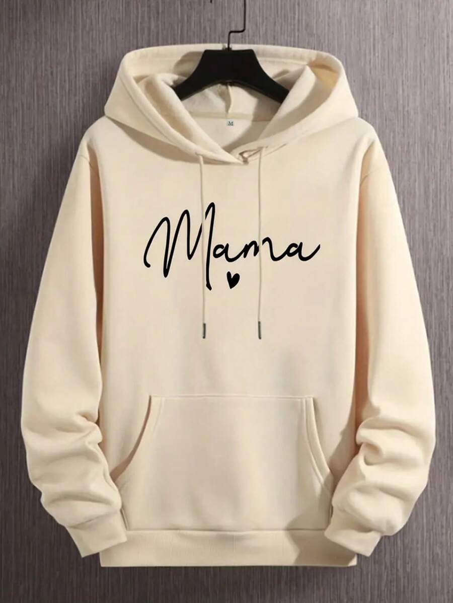 Men's Letter Print Drawstring Hooded Fleece Sweatshirt - Khaki - View 1