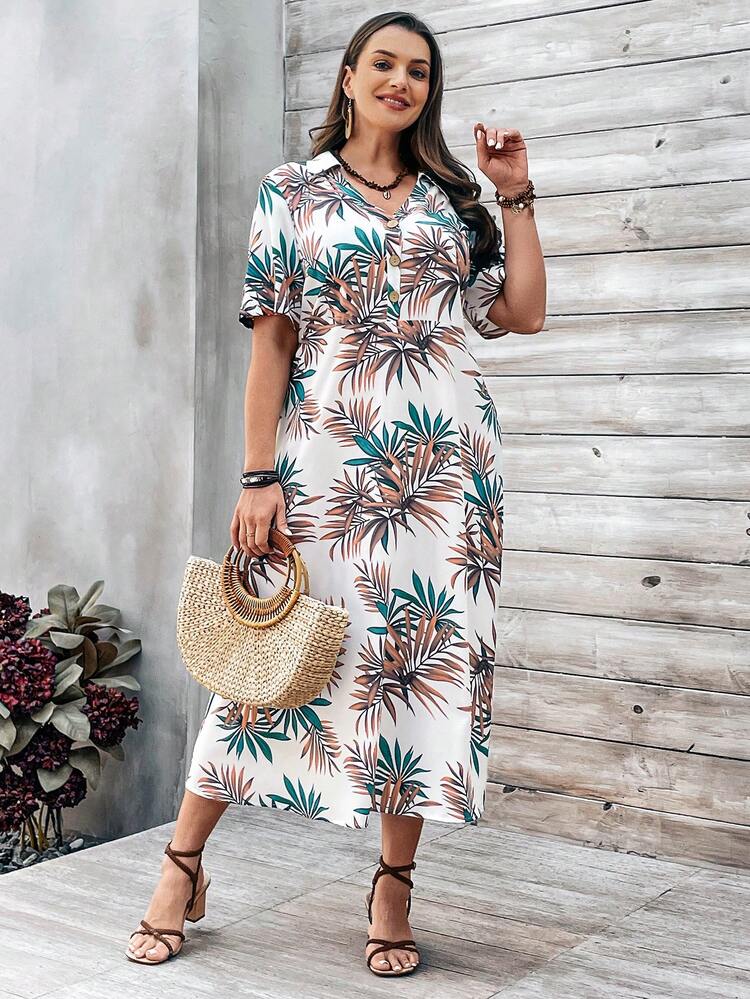 Plus Size Tropical Printed Uneven Hem Dress