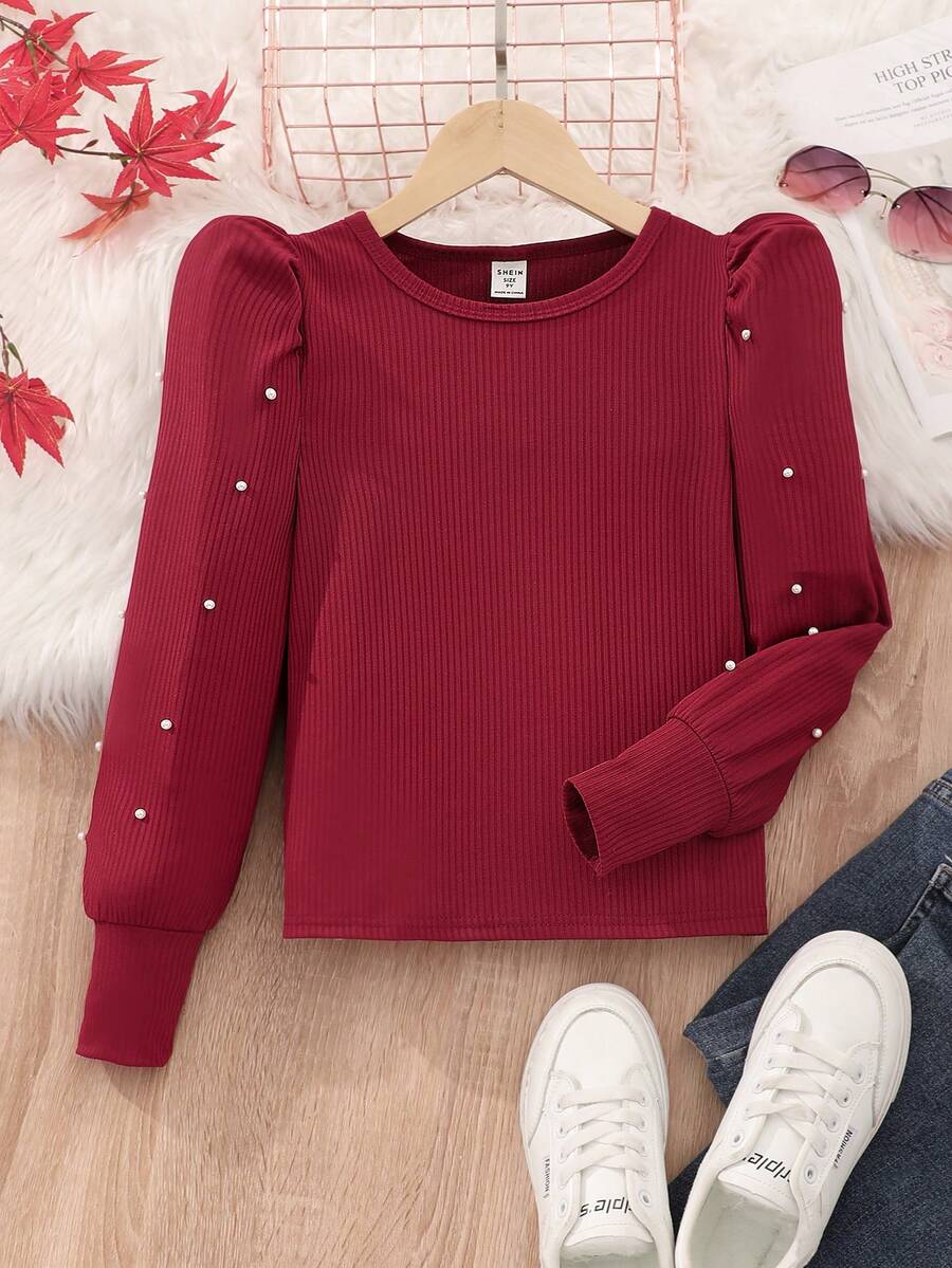 SHEIN Tween 女童純色串珠休閒 T 卹 - 紅色 - 查看 1