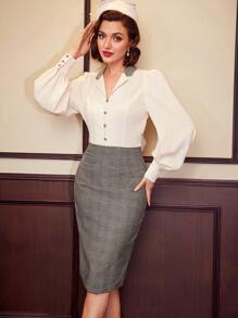 SHEIN DECDS 復古優雅女性2入組格紋拼接翻領v領長袖襯衫和高腰貼身裙套裝 - 彩色 - 查看 5