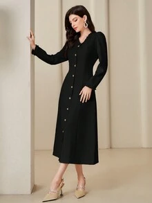 Modelyn 純色鈕扣裙 - 黑色 - 查看 5