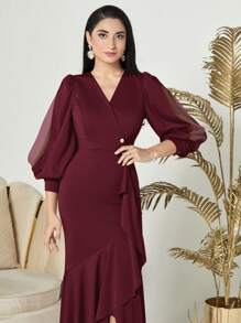 Modelyn Burgundy Red Women's Wrap Collar Lantern Sleeve Asymmetric Hem Dress - Burgundy - View 3