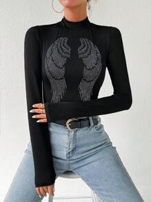 Zolique 女款翅膀圖樣立領t恤,鑲有水鑽 - 黑色 - 查看 3