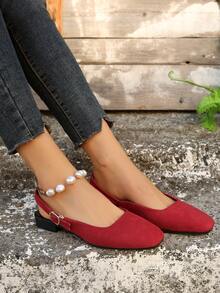 春季新款優雅紅色絨面平底鞋,中空設計和後跟帶,適用於派對或宴會 - 紅色 - 查看 5
