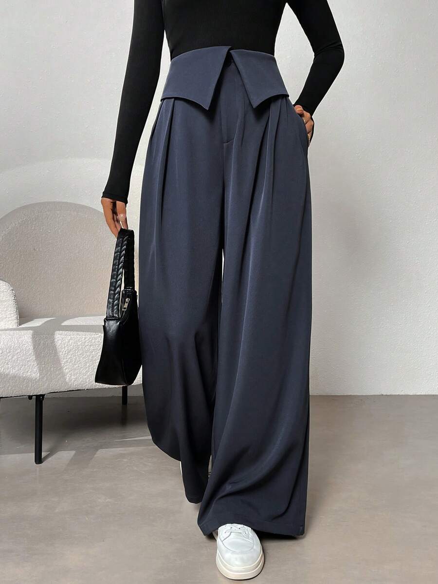 SHEIN Essnce 女士深灰色時尚高腰折疊設計寬腳褲,多樣化風格 - 深灰色 - 查看 1