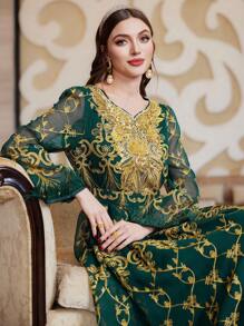 Layrah Váy Caftan Jalabiya chắp vá theo phong cách Baroque dành cho nữ có cổ tay bằng lông và họa tiết Arabesque, phong cách tiệc tối sang trọng thanh lịch - màu xanh lá - Xem 5