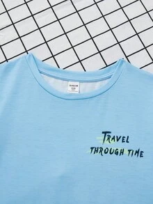 SHEIN Tween 男童舒適卡通印花休閒 T 卹 - 藍色 - 查看 4