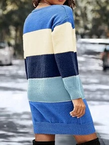 SHEIN Clasi 大尺碼女士彩色拼接短毛衣裙 - 藍色 - 查看 3