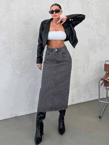 EURMUSE Women's Straight Denim Skirt - Dark Grey - View 6