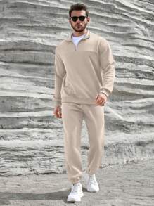 Manfinity Homme Men's Zipper Quarter-Zip Sweatshirt And Sweatpants Two Pieces Set - Khaki - View 4