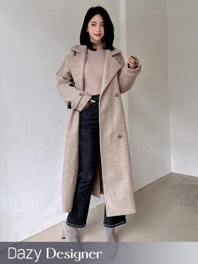 Dazy Designer 女士纯色翻领长袖双排扣长款休闲大衣，秋冬女装外套，秋季女装