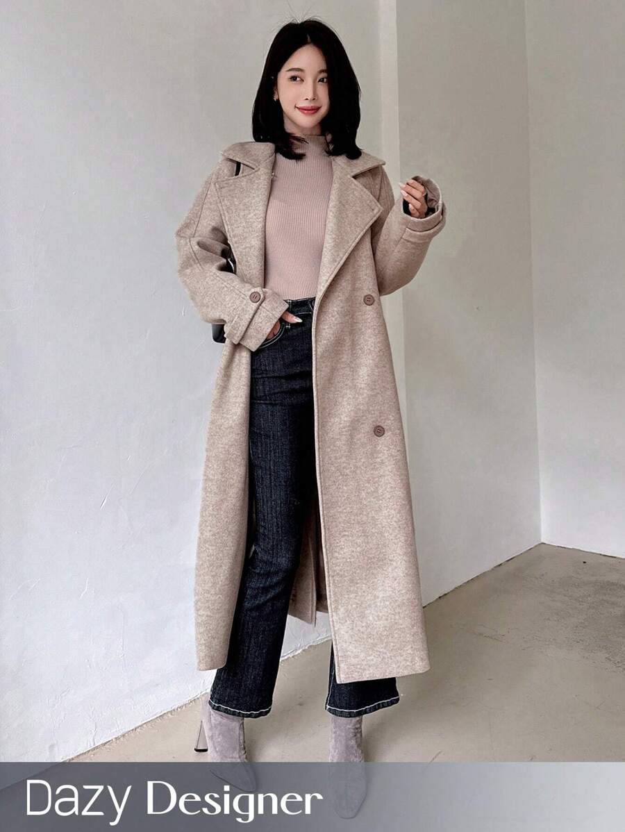 Dazy Designer 女士纯色翻领长袖双排扣长款休闲大衣，秋冬女装外套，秋季女装 - 杏色 - 查看 1