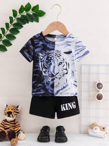 Baby Boy's Comfortable Color Block Tiger Print Short Sleeve Top And Letter Printed Shorts Set - Black and White - View 1