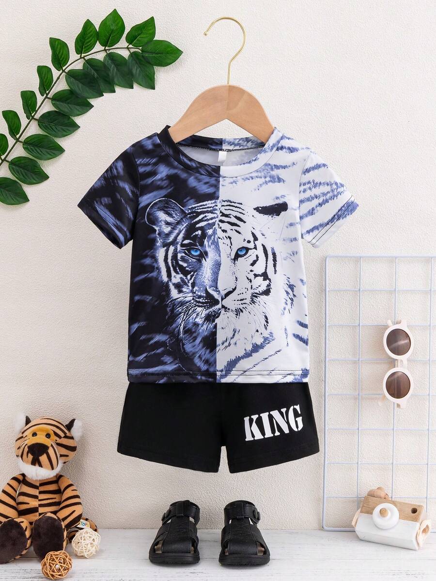 Baby Boy's Comfortable Color Block Tiger Print Short Sleeve Top And Letter Printed Shorts Set - Black and White - View 1