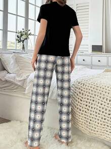 女士字母印花格紋睡衣套裝 - 黑色 - 查看 2