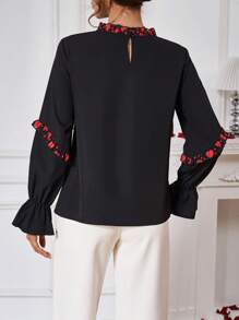 SHEIN Clasi 女士心形印花拼接長袖襯衫 - 黑色 - 查看 2