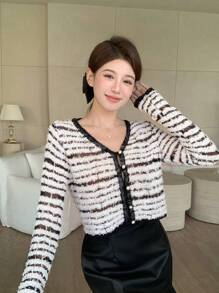 DAZY Women's Striped Fluffy Cardigan