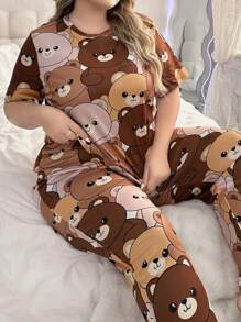 Plus Size Women's Cute Bear Printed Short Sleeve And Pants Pajama Set - Multicolor - View 5