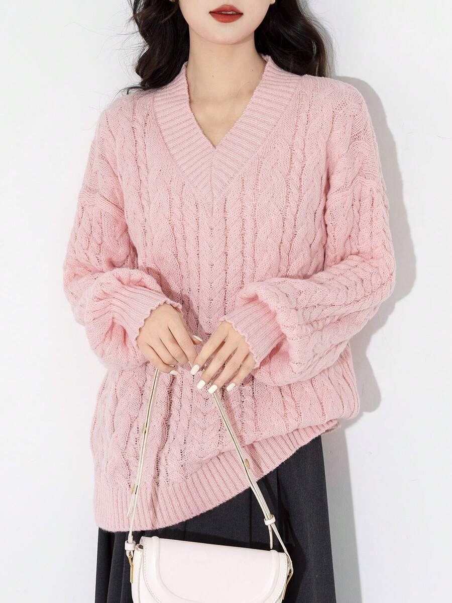 Women's V-Neck Drop Shoulder Long Sleeve Sweater - Pink - View 1