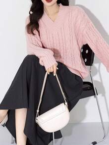 Women's V-Neck Drop Shoulder Long Sleeve Sweater - Pink - View 3