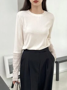 DAZY Ren Vá lại Tay áo dài Áo thun - Màu be - Xem 4