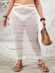SHEIN Swim Curve Plus Size Women's Hollow Out Top & Skirt Set Wedding Summer - White - View 4