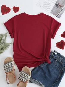 INAWLY Women Valentine's Day Printed Short Sleeve T-Shirt - Red - View 2