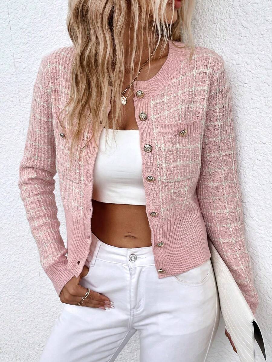 Chiquease Plaid Double Pocket Cardigan - Pink - View 1