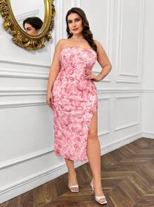 SHEIN Privé Elegante vestido con impresión de flores 3D y tamaño grande para mujer con escote sin tirantes y abertura lateral - Morado - Ver 4