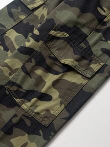 SHEIN 青少年女孩迷彩印花翻蓋口袋工裝牛仔褲 - 軍綠色 - 查看 4