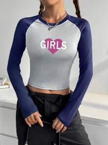 SHEIN EZwear Women's Colorblock Letter Printed Raglan Sleeve T-Shirt - Grey - View 1