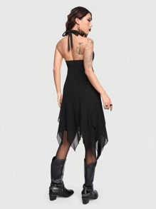 ROMWE Goth Asymmetrical Hem Halter Neck Women's Dress - Black - View 3