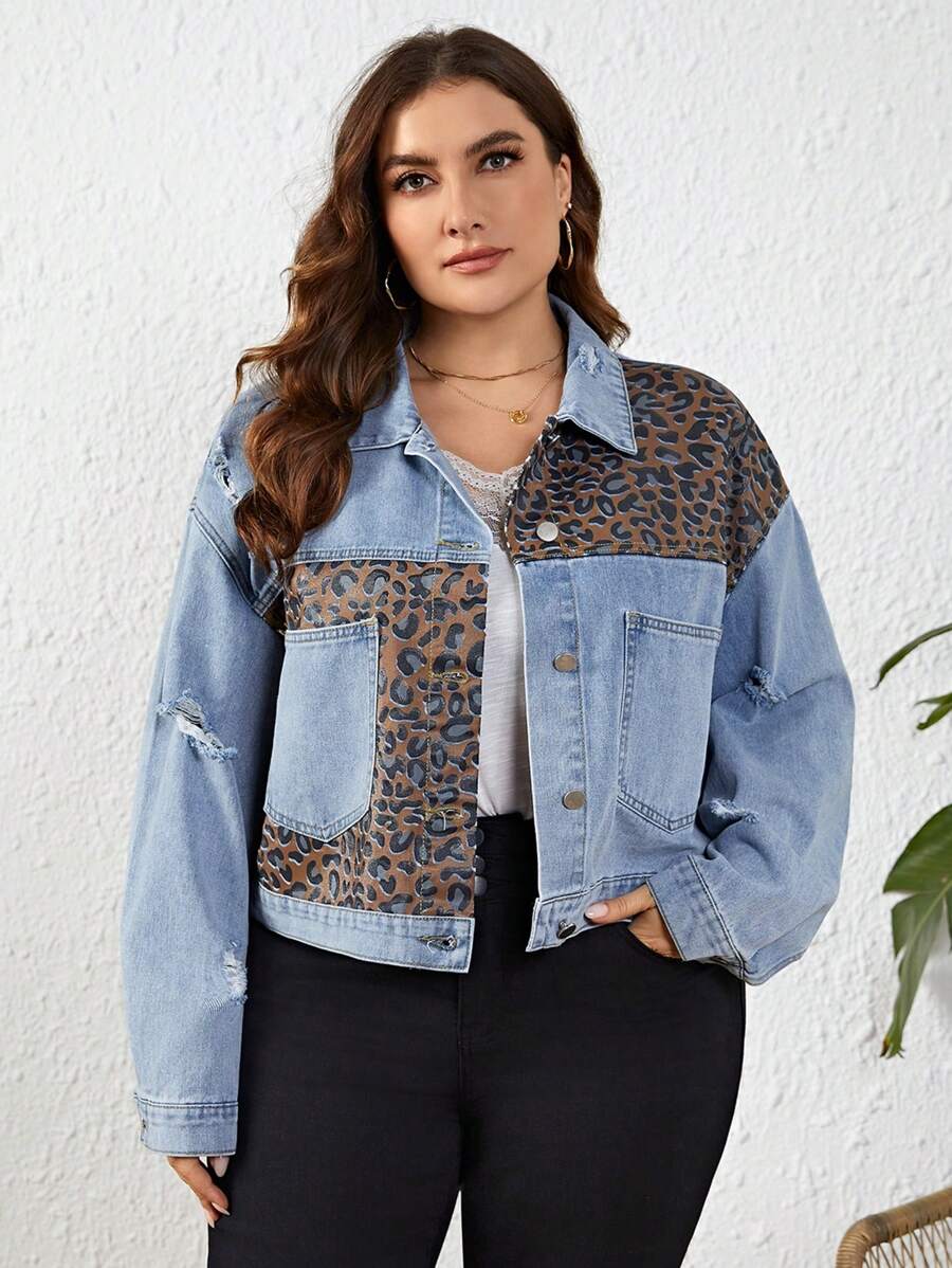 大尺碼女豹紋拼布仿舊牛仔夾克 - 淺色水洗藍 - 查看 1