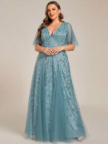 Plus Size Elegant Butterfly Sleeve Sequin Formal Dresses - Baby Blue - View 6