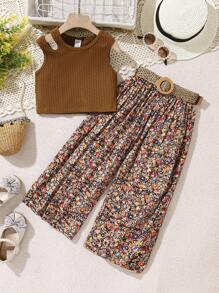 SHEIN Conjunto de niña joven con top de tirantes acanalado de unicolor y pantalones de pierna ancha con estampado floral ditsy - Rosa - Ver 1