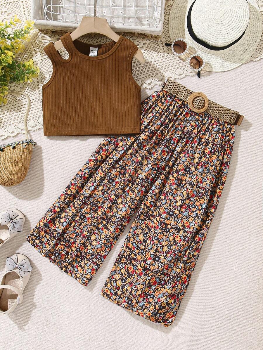 SHEIN Conjunto de niña joven con top de tirantes acanalado de unicolor y pantalones de pierna ancha con estampado floral ditsy - Rosa - Ver 1