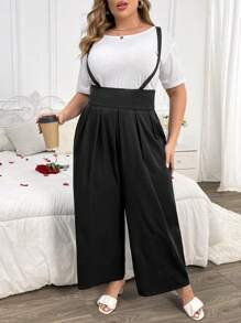 Franclia Salopette Pantalone Largo Jumpsuit A Gambale Largo Tinta Unita Taglie Forti - nero - Visualizzare 5