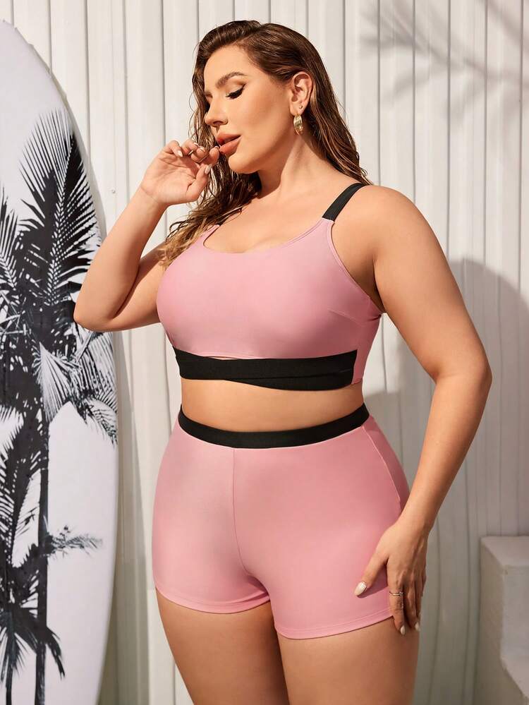 Plus Size Summer Beach Colorblock Vest Style Tankini Swimwear