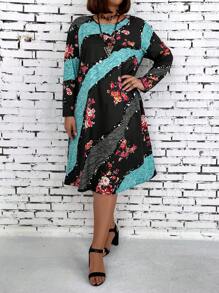EMERY ROSE Plus Size Women's Floral Print Patchwork Dress - Multicolor - View 5
