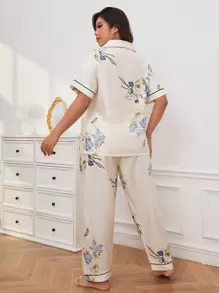 Plus Size Women's Floral Printed Short Sleeve Shirt & Shorts Pajama Set, Loose Fit And Comfortable Home Clothing For Spring, Vacation