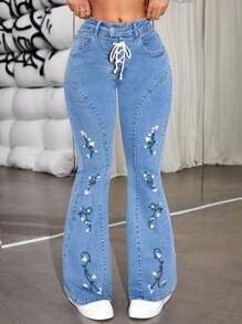 SHEIN ICON 女士花卉刺绣喇叭牛仔裤 - 藍色 - 查看 3
